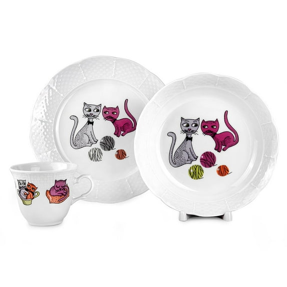 7.6 fl oz (225 ml) Porcelain Kids Plates and Mug Set Kid's Porcelain Dinnerware Set of 3 Tableware Set for Kids Deep Plate Flat Plate and Kid's Mug (Cats)