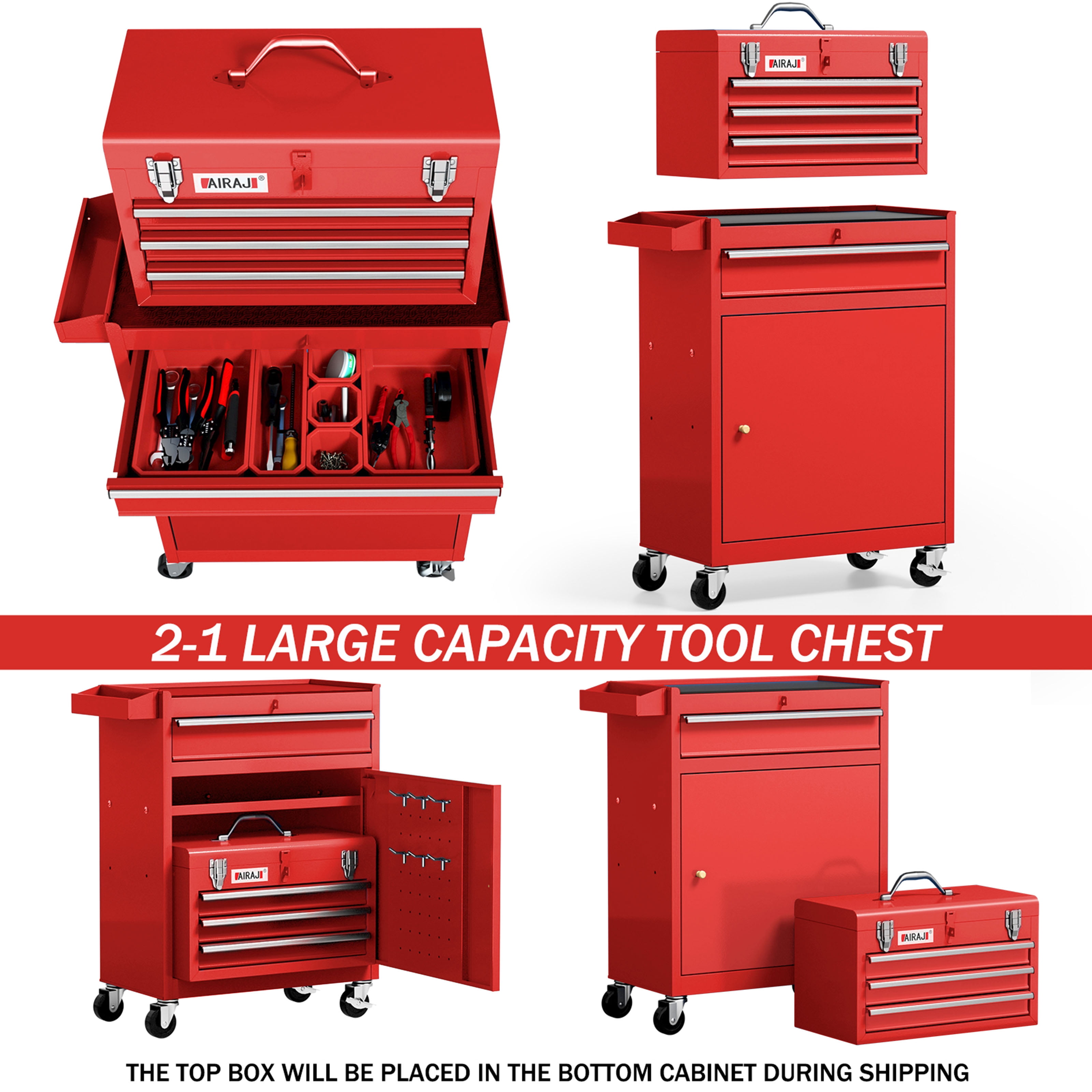 Tool Chest with Detachable Top Tool Box,Rolling Tool Chest with Drawer,Single Door Metal Garage Storage Tool Cabinet with Lockable Wheels