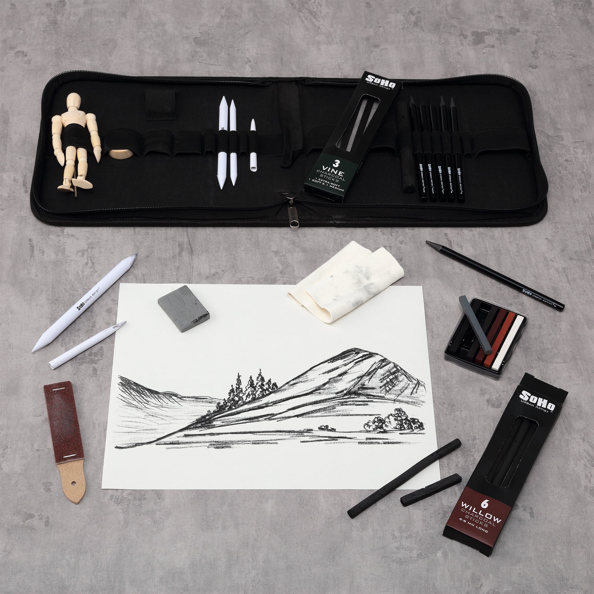 SoHo Urban Artist Charcoal Drawing Set With Manikin in Zipper Case - Drawing Charcoal for Artists, Students, Blending, Live Figure Drawing, & More! - [Black - Drawing Set + Zipper Case]