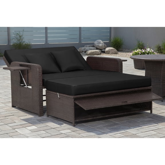 Topcobe Patio Rattan Daybed with 4-Level Adjustable Backrest and Retractable Side Tray, Outdoor Patio Furniture for Garden Backyard-Black