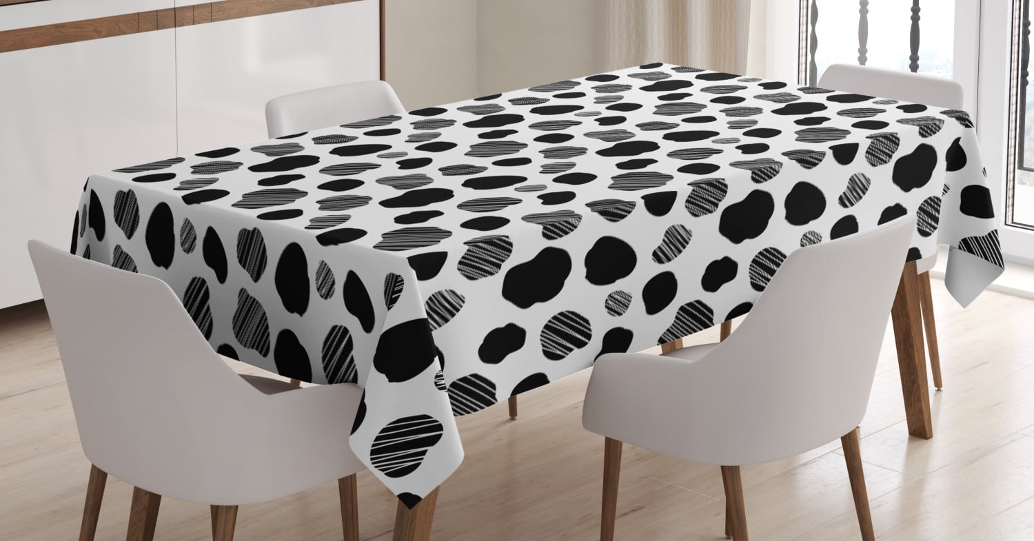 Cow Print Tablecloth, Black and White Striped Dots with Abstract Style