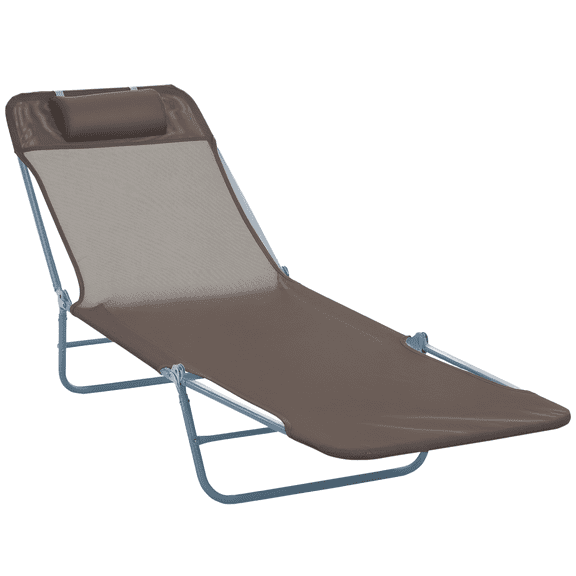 Sun Lounger Adjustable Folding Deck Chair with Steel Frame and Mesh Fabric, Brown, for Garden, Balcony, and Camping