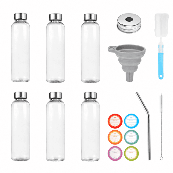 6Pcs Glass Bottles With Lid, 18oz Clear Juice Bottles, Leakproof & Reusable Glass Bottle With Stainless Steel Cap-For Juice, Beverage, Refrigerator, Travel Use