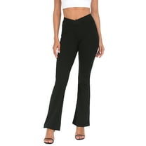 HDE Women's Crossover Flare Pants Ribbed High Waist Bell Bottom Black L