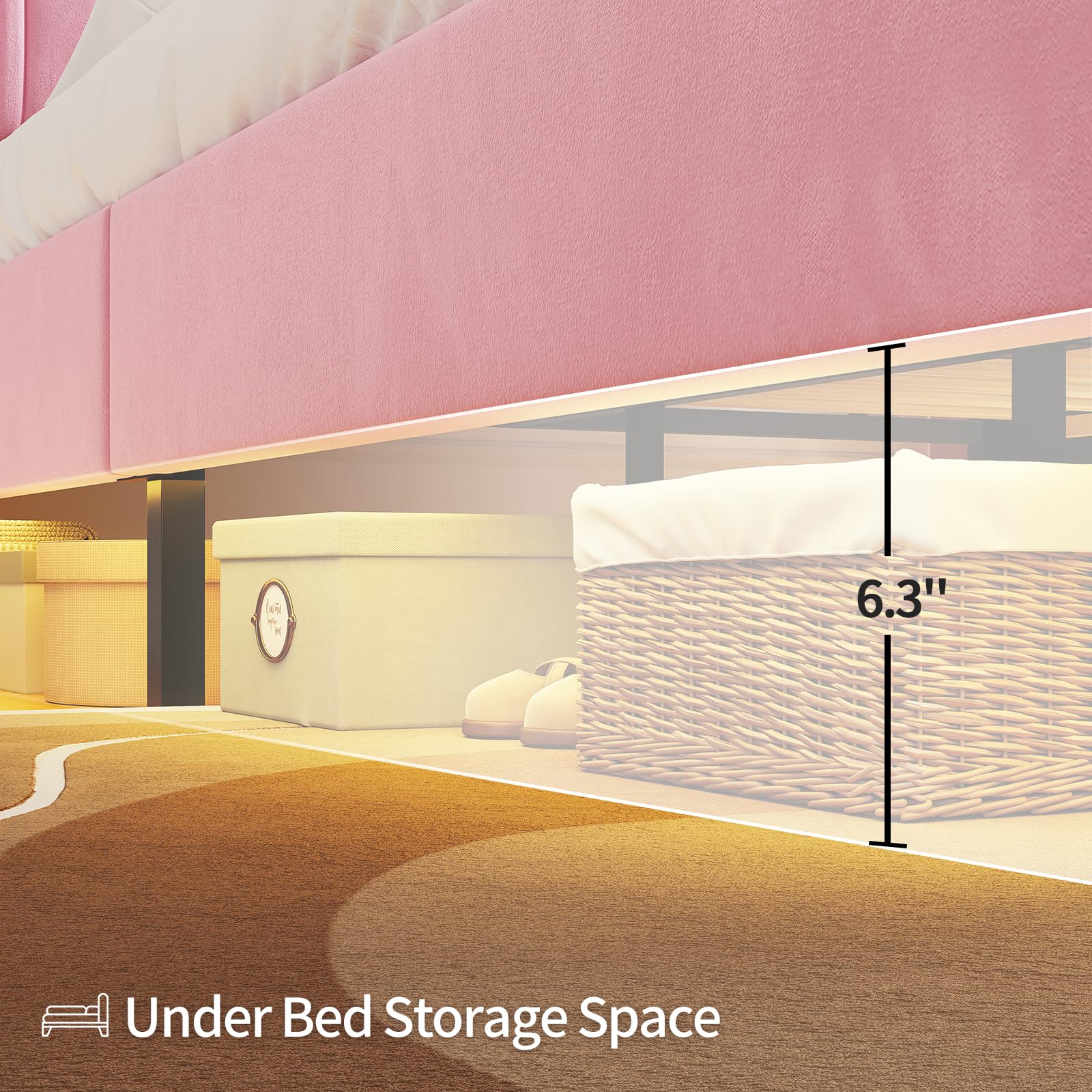 Princess Full Size Platform Bed Frames with Storage Headboard,Power Outlet, Modern Velvet Upholstered Girls Bed with LED Lights and Storage Shelves,No Box Spring Needed,Noise-Free,Easy Assembly, Pink