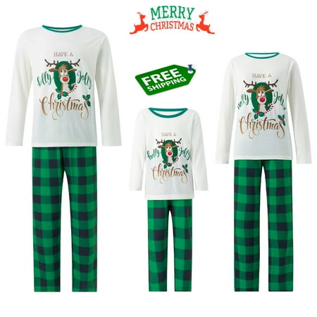 

Family Matching Pajamas Christmas Elk Letter Print Long Sleeve Tops and Stretch Casual Plaid Pants Sleepwear