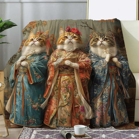 Whisker Wonders Vintage Cat Print Flannel Throw Blanket Cozy Soft Knitted All-Season Digital Print Ideal for Sofa Bed Office Camping Travel Gift-Ready Lightweight Warmth