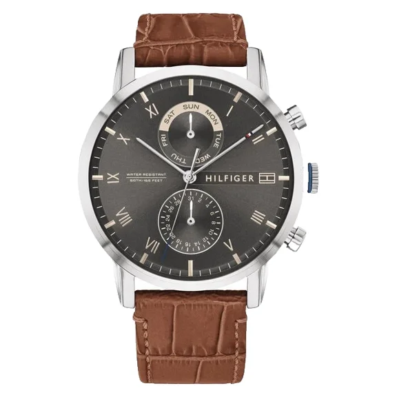 Tommy Hilfiger 1710398 Grey Dial Brown Leather Strap 44mm Silver Mens Watch