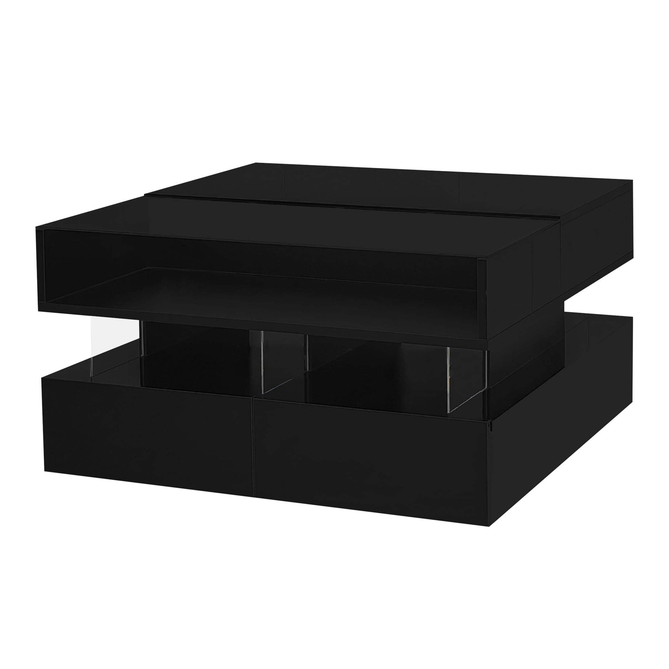 SESSLIFE Coffee Table, Lift-Top Living Room Table with LED Lights, 29.5" Square Tempered Glass Center Table with Hidden Compartment & 2 Large Drawers, Easy Assembly, Black