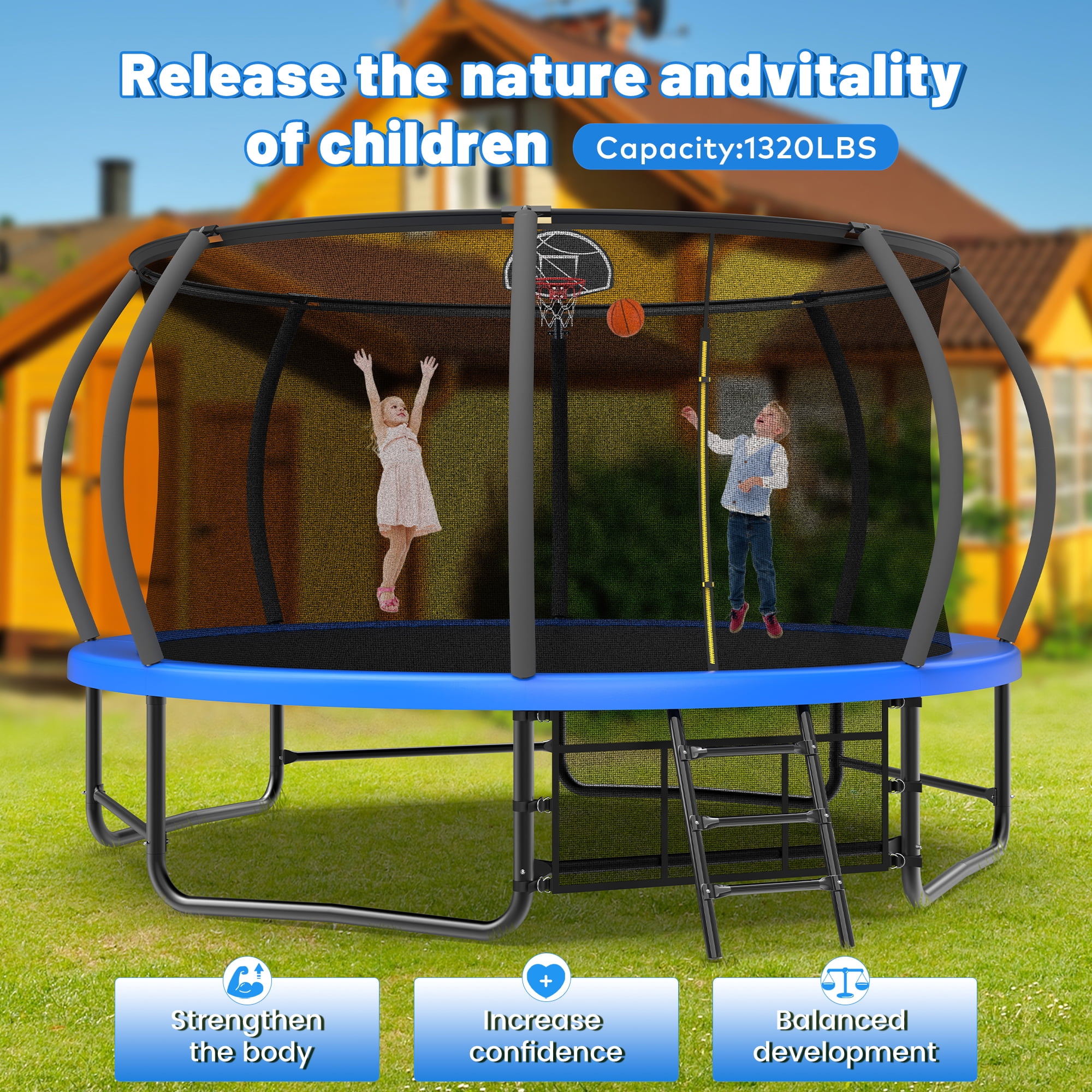 Mersco 12FT/14FT Trampoline for Kids and Adults, Pumpkin Outdoor Trampoline with Basketball Hoop,Enclosure Net and Storage Bag,Jumping Backyard Trampoline SPACE for Boys and Girls Birthday Gift,Blue