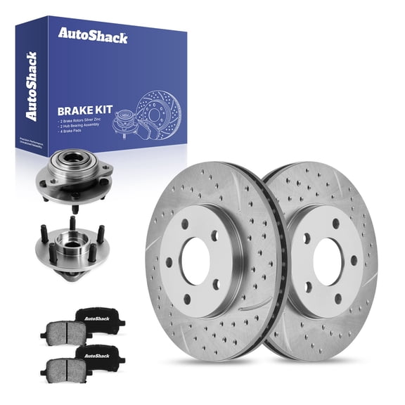 AutoShack Front Vented Drilled & Slotted Silver Zinc Coated Brake Rotors   Ceramic Pads   Hub Bearing Assembly 8-PC Brake Kit Replacement for 2006-2008 Chevrolet HHR SilverShield Pro 10.85" (276 mm)