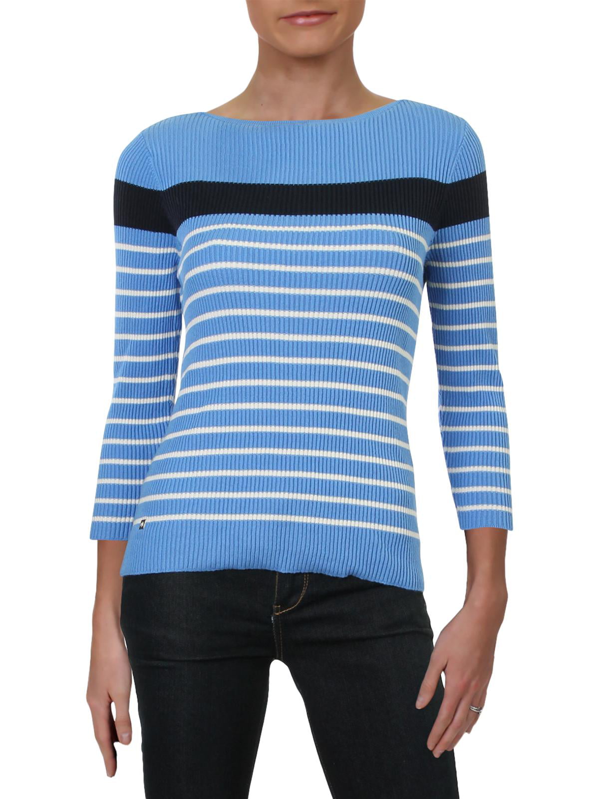 Lauren Ralph Lauren Womens Petites Leslie Striped Pullover Sweater Blue ...