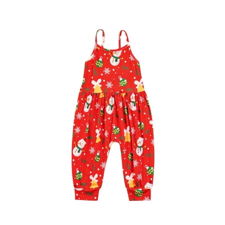 

Infant Christmas Jumpsuit Kids Sleeveless Cartoon Print Boat Neck Spaghetti Strap Romper