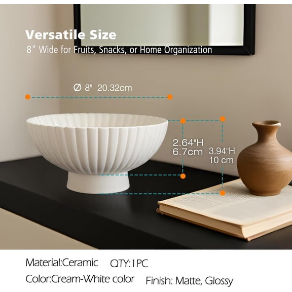 Modern 8 Inch White Ceramic Fruit Bowl - Small Footed Pedestal Fruit Bowl for Kitchen Counter, Farmhouse Chic Centerpiece for Dining Coffee Table & Home Decor, Key Ruffle Bowl for Entryway Table