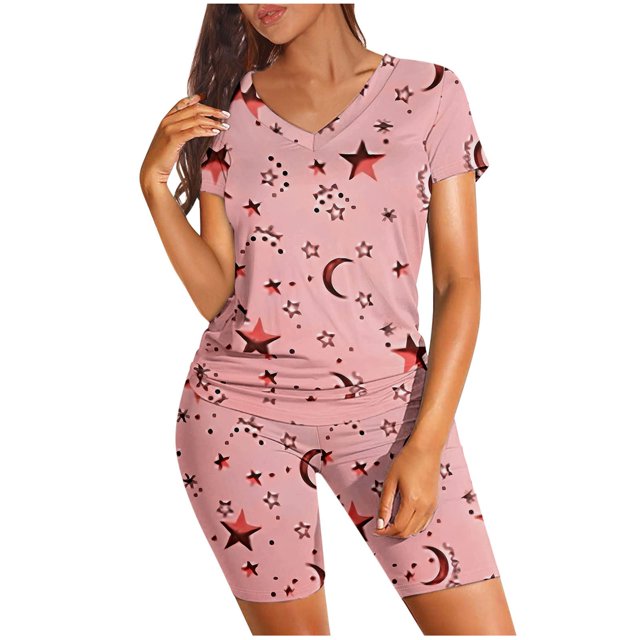 WILLBEST Womens Jeans Women's Gradient Print Short Sleeve V Neck Two Piece Outfits Shorts Set Slacks