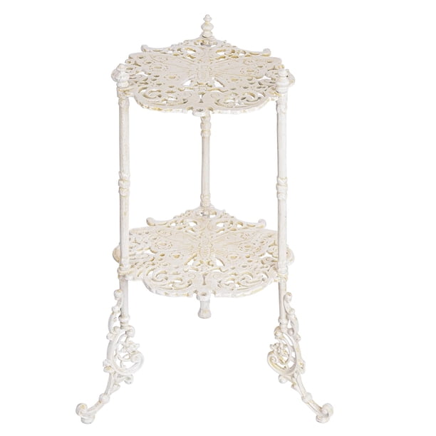 Sungmor Soporte para Plantas de Hierro Fundido Vintage de 2 Niveles, diseño de mariposas y flores, acabado blanco antiguo, soporte rústico para macetas de 24" de alto, interior y exterior