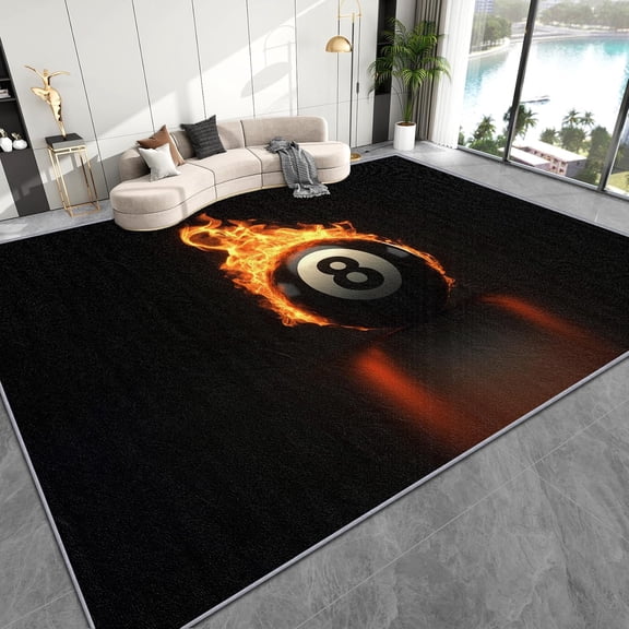 Billiard Rugs for Pool Room, Black 8 Ball Sports Boys Playroom Area Rugs, Washable Non Slip Carpet, Soft Low Pile Indoor Door Mat for Home Decor 2x3ft
