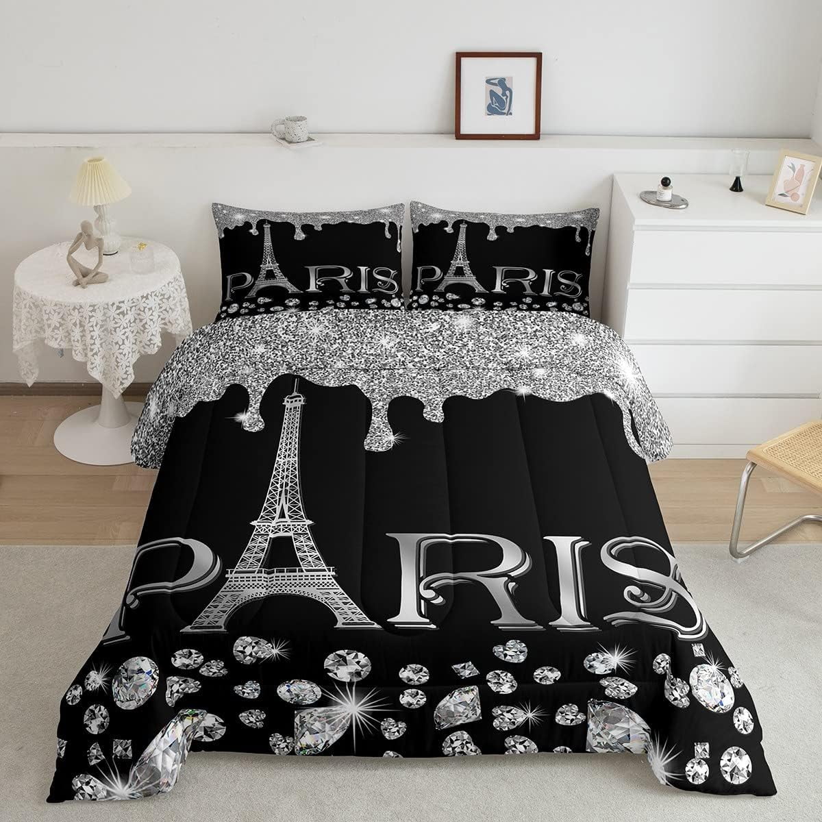 Paris Comforter Set Queen for Kids Girls Women,Glitter Eiffel Tower