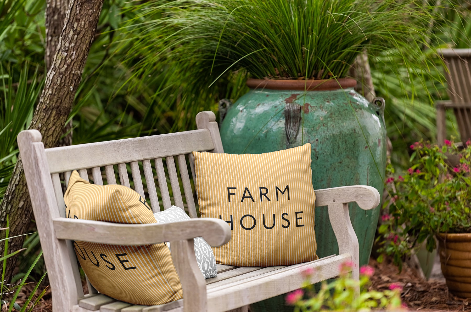20" x 20" Simply Daisy Farmhouse Ticking Indoor/Outdoor Pillow, Egg Yolk Yellow Qty 1