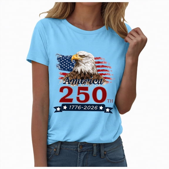 UngA Women's 250th America Anniversary Casual Printed Crew Neck T-Shirt USA Flag Tee 250 Years of Freedom Womens Shirts S,Sky Blue