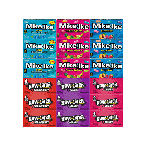 Assorted Candy Mix Variety Pack – 3 Flavors of Mike and Ike & 3 Flavors of Now and Later – 18 Pack – Chewy & Fruity Candy for Snacking, Parties & Gift Boxes – Individually Wrapped for Freshness