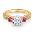 thumbnail image 2 of Gem Stone King 18K Yellow Gold Plated Silver White Moissanite and Pink Tourmaline Engagement Ring for Women (1.78 Cttw, Gemstone, Round 7MM and 4MM, Size 6), 2 of 3