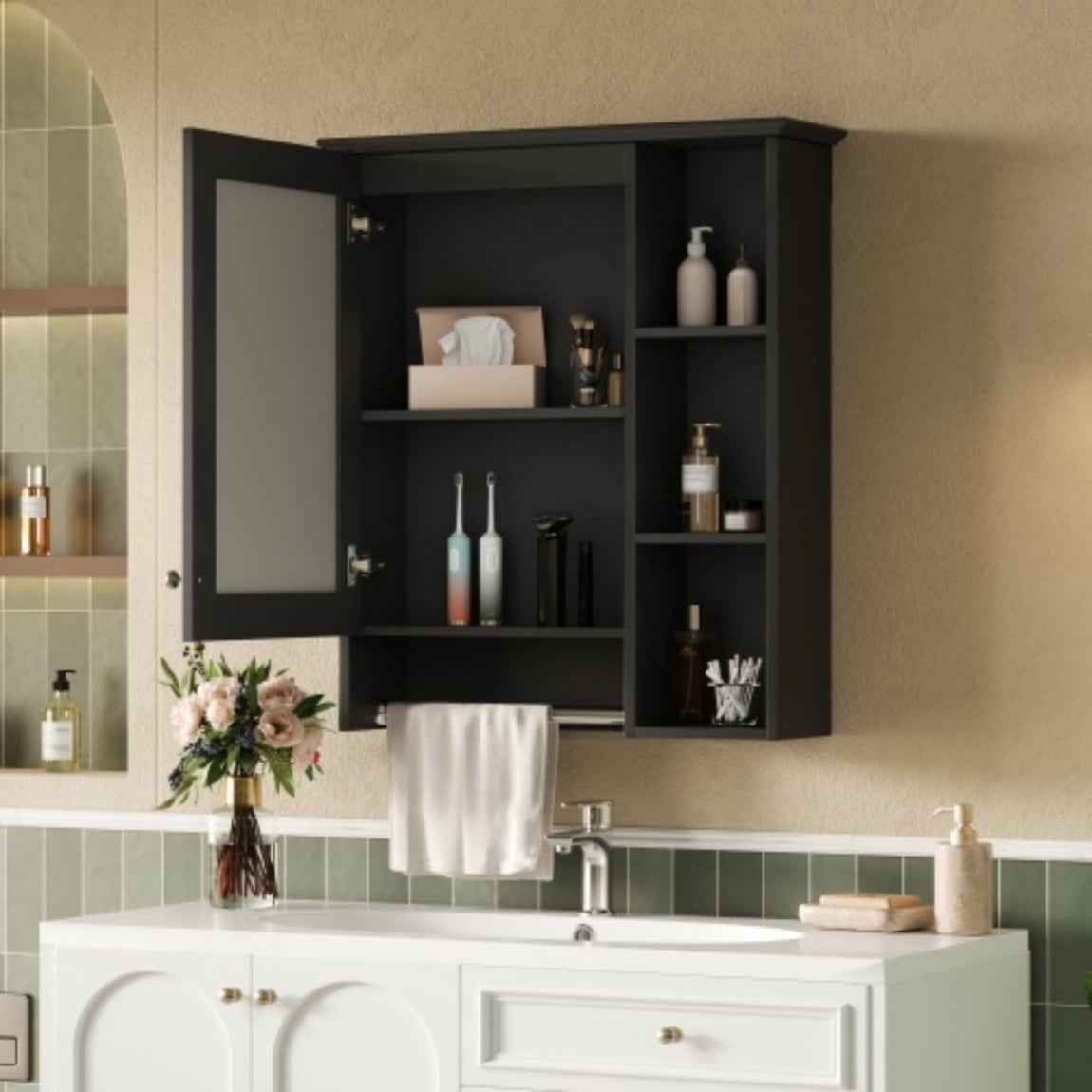 24" Wall Mounted Medicine Cabinet with Mirror, Bathroom Storage Cabinet with Adjustable Shelf, Soft Close Door & Towel Bar, Modern Over Toilet Organizer, Black