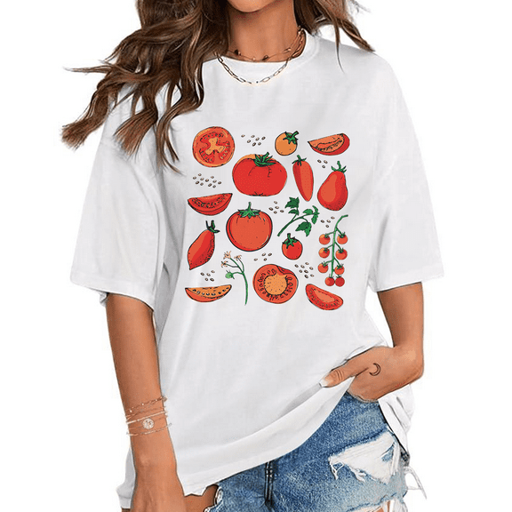 Tomato Print Tshirts Fruit Botanical Graphic Tees Vegan Garden Shirts Vegetable Short Sleeve Casual Tops Fruit Cotton Shirts for Daily Outfits White,S