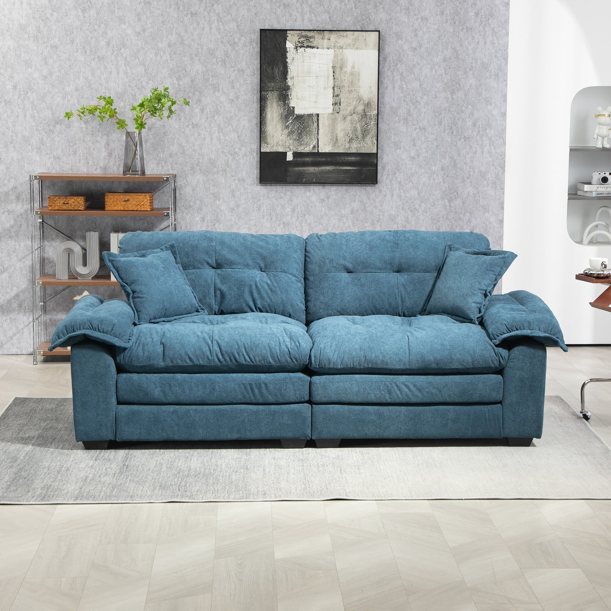 84" Chenille Loveseat Sofa Upholstered Deep Seat Sofa Couch with 2 Throw Pillows for Living Room Apartment Office,Blue