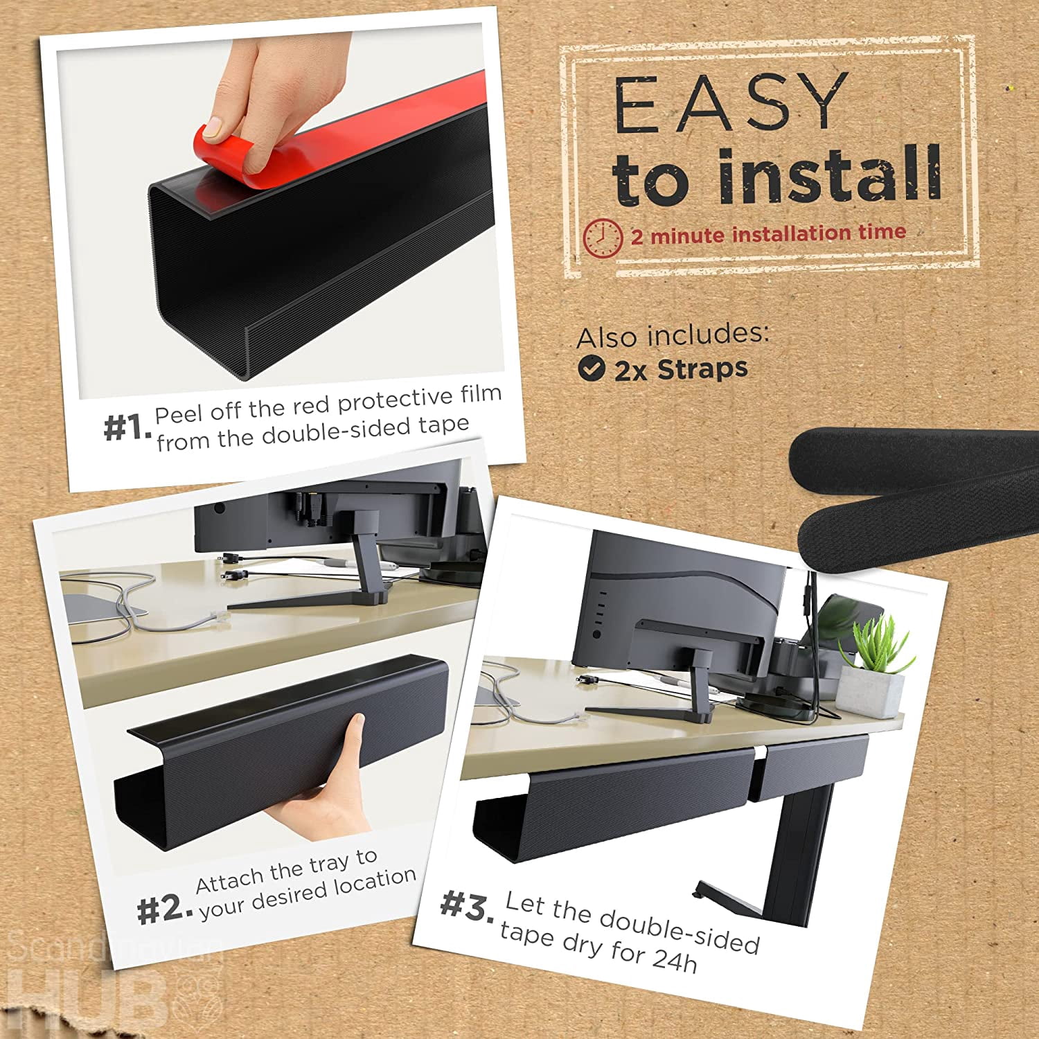 Self-Adhesive Under Desk Cable Management Tray Set - Cord Organizer, No Screws Needed, Black, 2-Pack