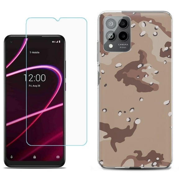 Slim-Fit Gel TPU Phone Case for T-Mobile Revvl 6 Pro 5G, with Tempered Glass Screen Protector, by OneToughShield ® - Desert Camo