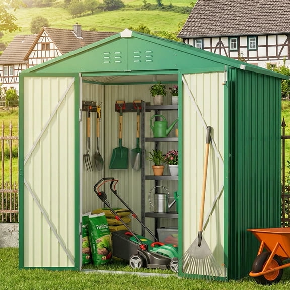 8 x 6 FT Storage Shed, Lofka Galvanized Metal Garden Shed with Double Lockable Doors, Outdoor Storage Clearance for Backyard Patio -Green