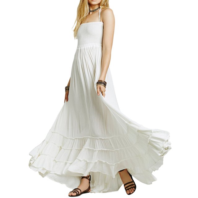 SUNSIOM Femmes Licol Cou Robe Longue Couleur Unie Plissée Ourlet Dos Nu Robe de Soirée pour Beach Club Été Streetwear