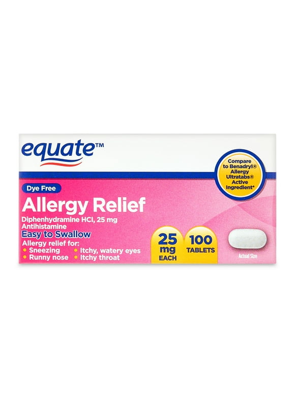 Equate Dye-Free Allergy Relief Medicine, 25 mg, 100ct Tablets
