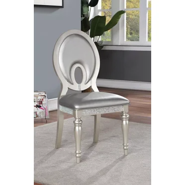 Silver Leatherette Upholstered Dining Chairs Keyhole Back Set of 2pc Side Chairs Dining Room Furniture Kitchen