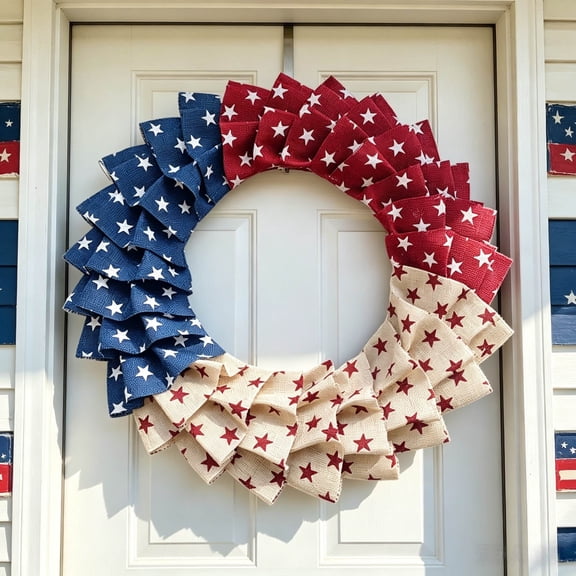 erdimoy 4th of July Patriotic Burlap Star Wreath, 19" Red White Blue Fabric Door Hanger for Independence Day