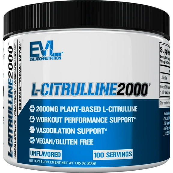 L Citrulline Powder 2000mg - EVLution Nutrition Plant Based Muscle Recovery Supplement Mix for Drink -  Enhance Muscle Strength and Vascularity Powder for Men and Women