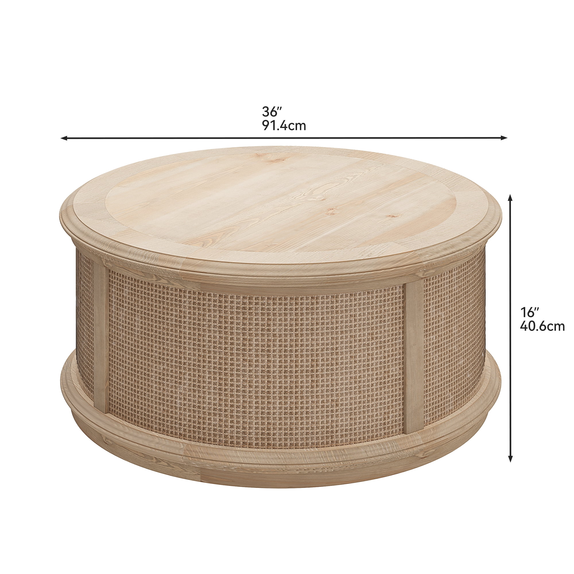 Uforic Round Lift-Top Coffee Table with Rattan Storage, Natural Wood Color, for Living Room & Office