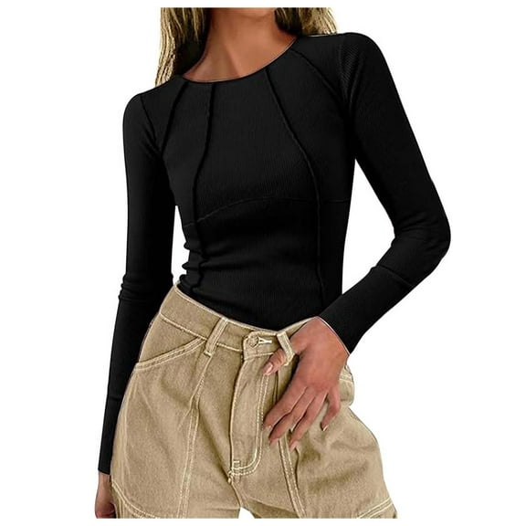 Women's Autumn Long Sleeve Ribbed Knit T-Shirt - Crew Neck Slim Fit, Seam Casual Wear