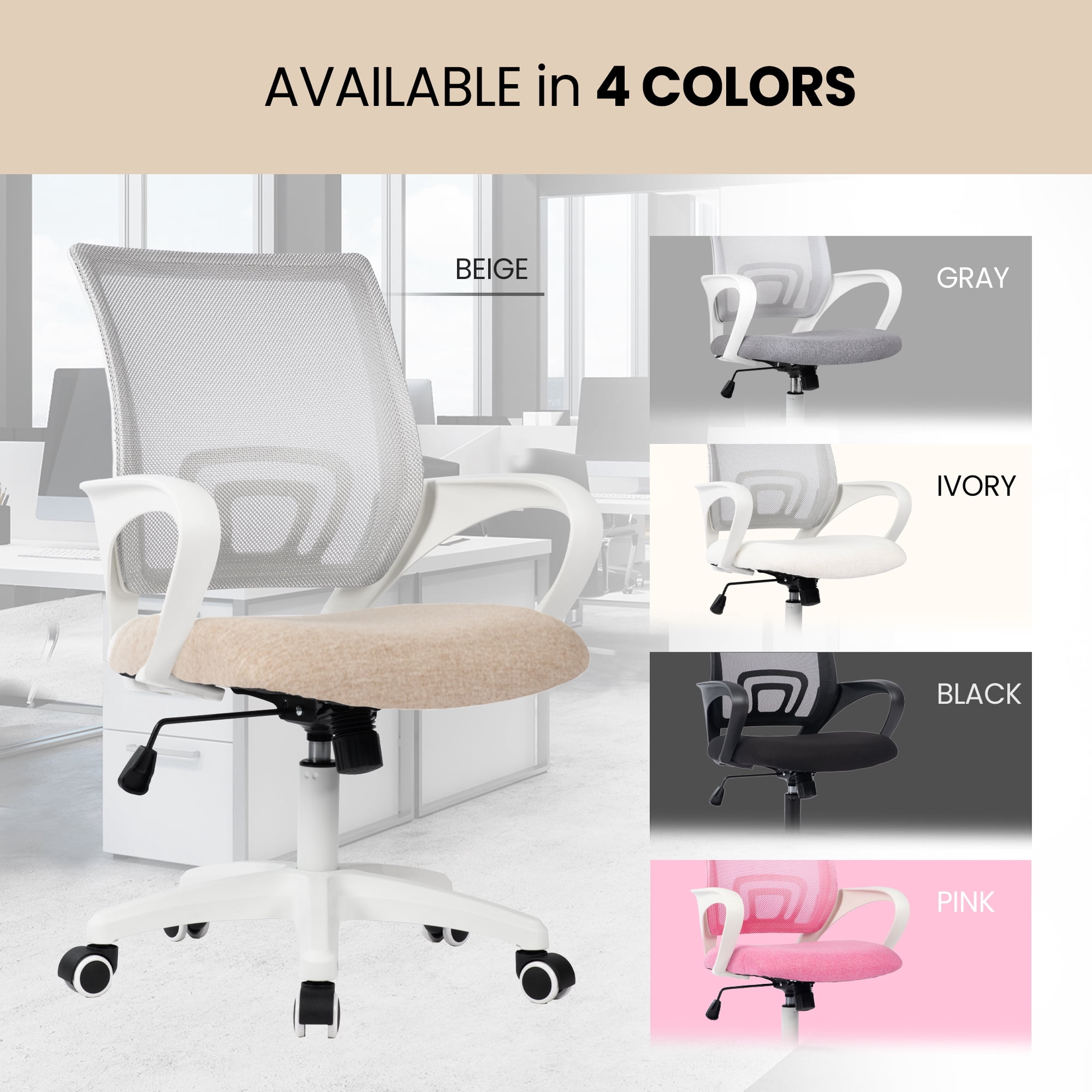 CELTOSS Office Chair, Adjustable Height, Ergonomic Lumbar Support and Armrests for Adults, Beige
