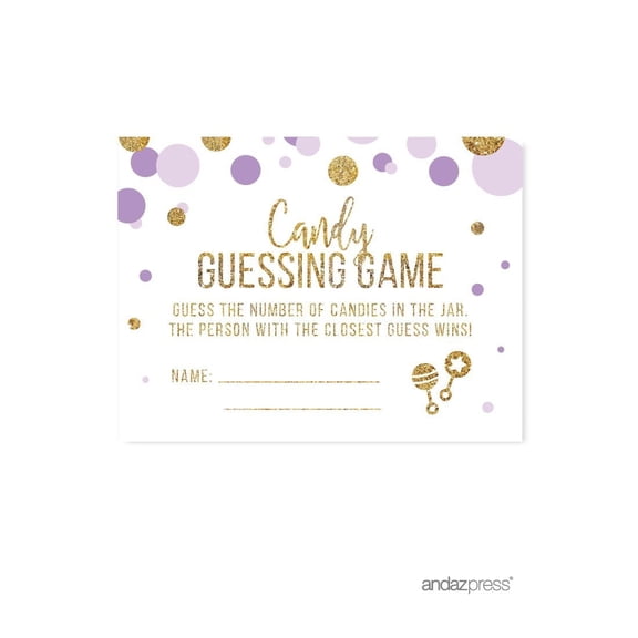 Koyal Wholesale Lavender Gold Glitter Girl Baby Shower Party Collection, Candy Guessing Game Cards, 30-Pack