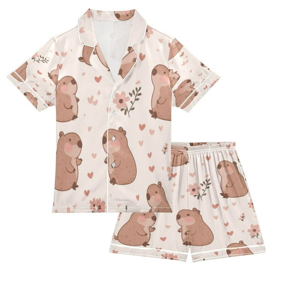 Silky Satin Kids' Pajama Set Breathable & Smooth Unisex Button-Down Pajamas Cute Capybaras