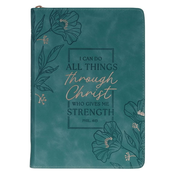 Christian Art Gifts Inspirational Zippered Journal, All Things Through Christ Wide Ruled Notebook, Phil. 4:13 Bible Verse, Teal Vegan Leather Floral, 336 Lined Pages w/scripture, (9 x 6.4 x .9)