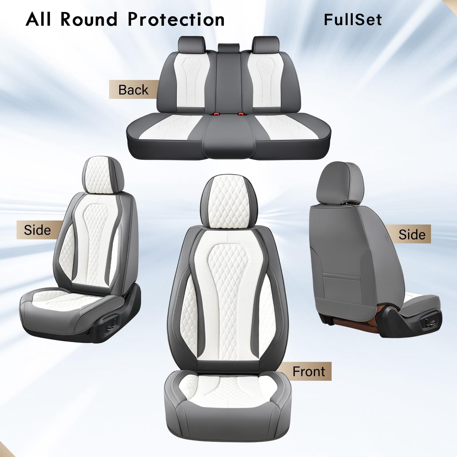 Car Seat Cover for INFINITI Q50 2014-2024, Gray and White Car Seat Covers, Waterproof Leather, 5 Piece Full Set, Easy to Clean and Install, Non-slip, Beautify Interior