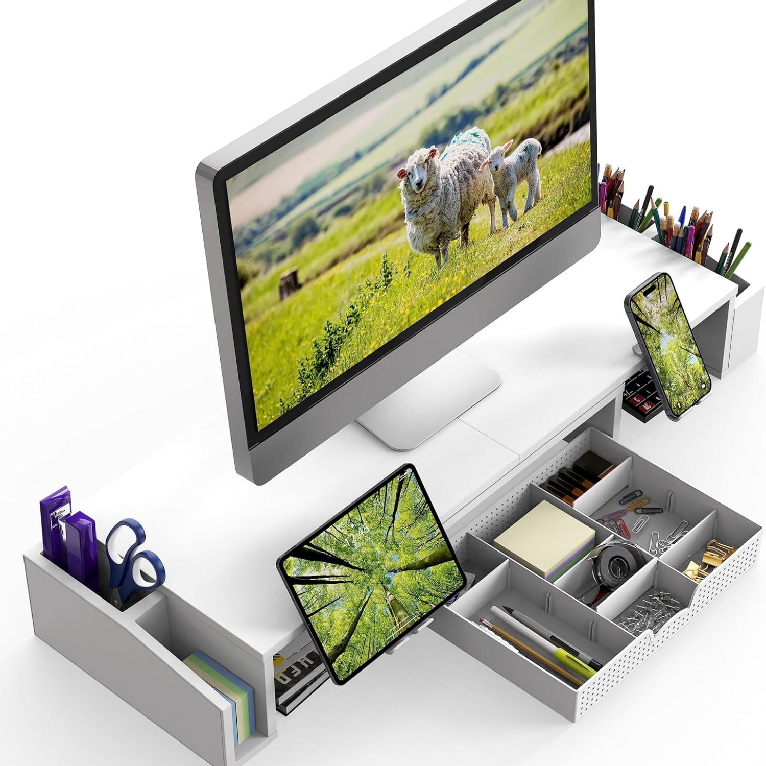 Desk Dual Monitor Stand Riser with Drawer, White