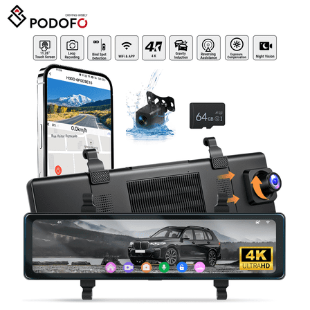 Podofo 4K Dash Cam Front and Rear Full HD Dash Camera for Cars, Free 64GB Card, Built-in GPS/WiFi, 3.16" IPS Screen Dashcam Support App Control, G-Sensor, Night Vision, 24H Parking Mode