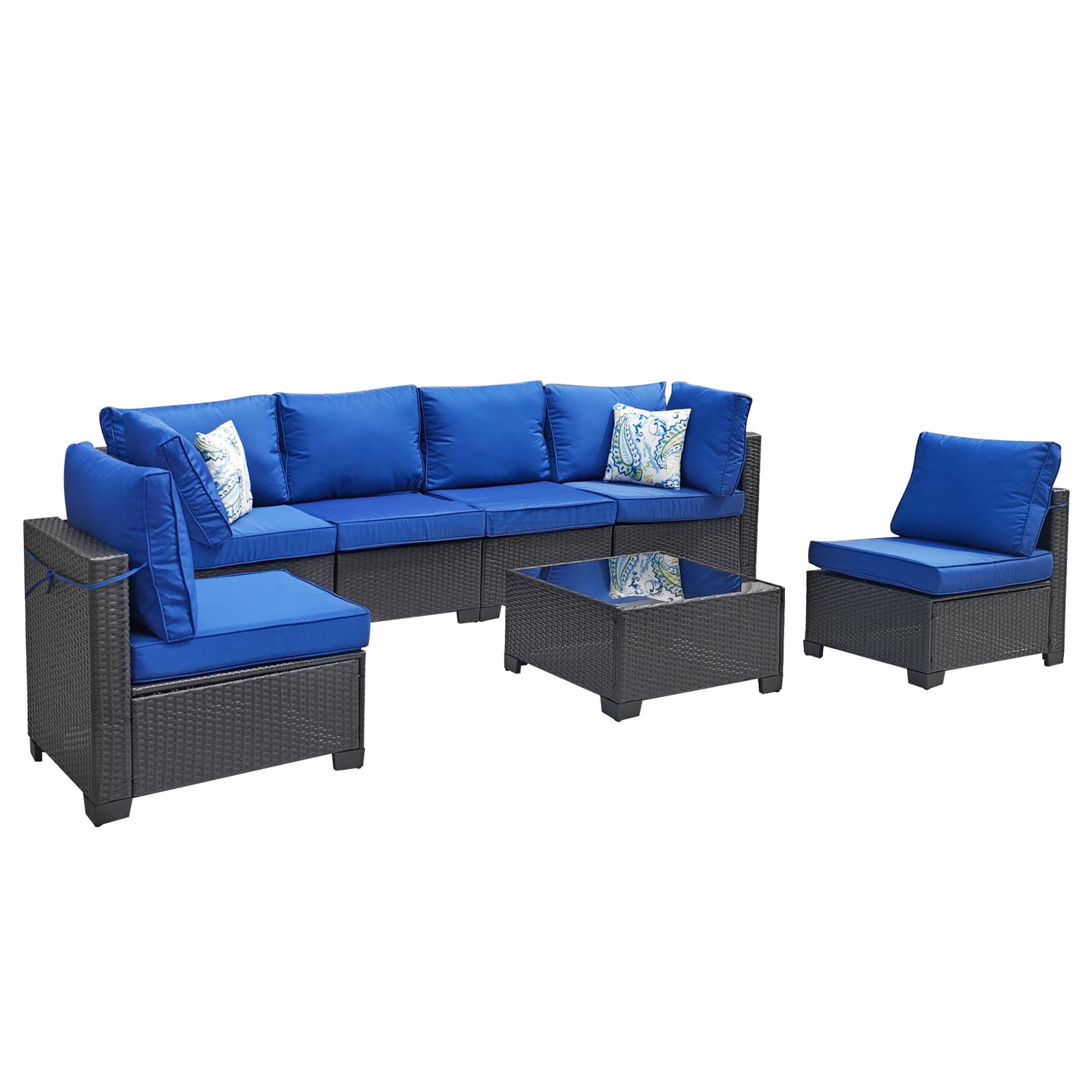 ZXRLHX 7 Piece Wicker Sectional Patio Furniture Set (Coffee/Blue) with Pillows, for Outdoor Deck
