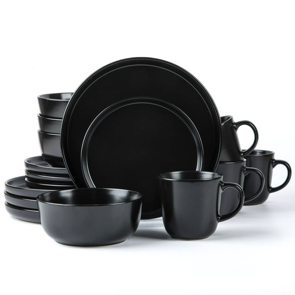 Arora Skugga - Vajilla Redonda De Gres De 16 Piezas, Juego De 4 Platos Llanos, Platos Laterales, Tazones De Cereales, Tazas, Negro Mate (472979)