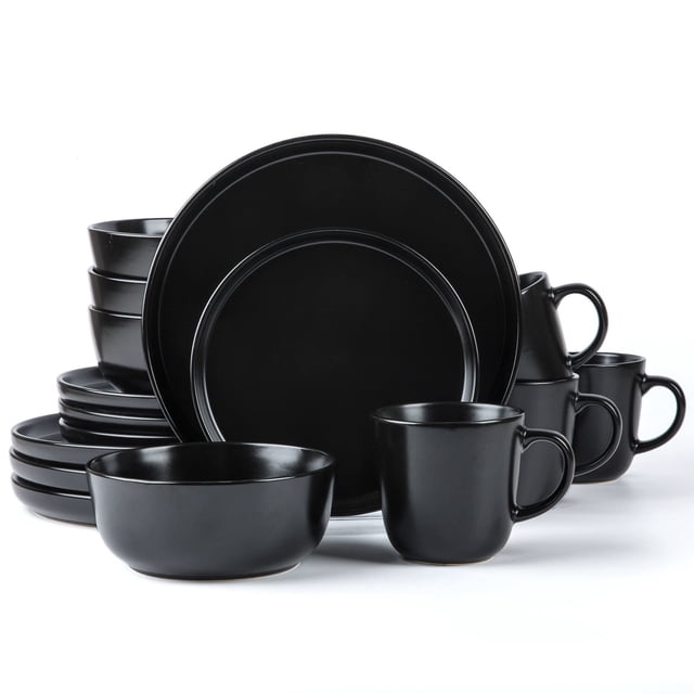 Arora Skugga - Vajilla Redonda De Gres De 16 Piezas, Juego De 4 Platos Llanos, Platos Laterales, Tazones De Cereales, Tazas, Negro Mate (472979)