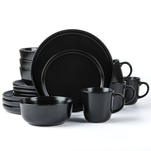 Arora Skugga - Vajilla Redonda De Gres De 16 Piezas, Juego De 4 Platos Llanos, Platos Laterales, Tazones De Cereales, Tazas, Negro Mate (472979)